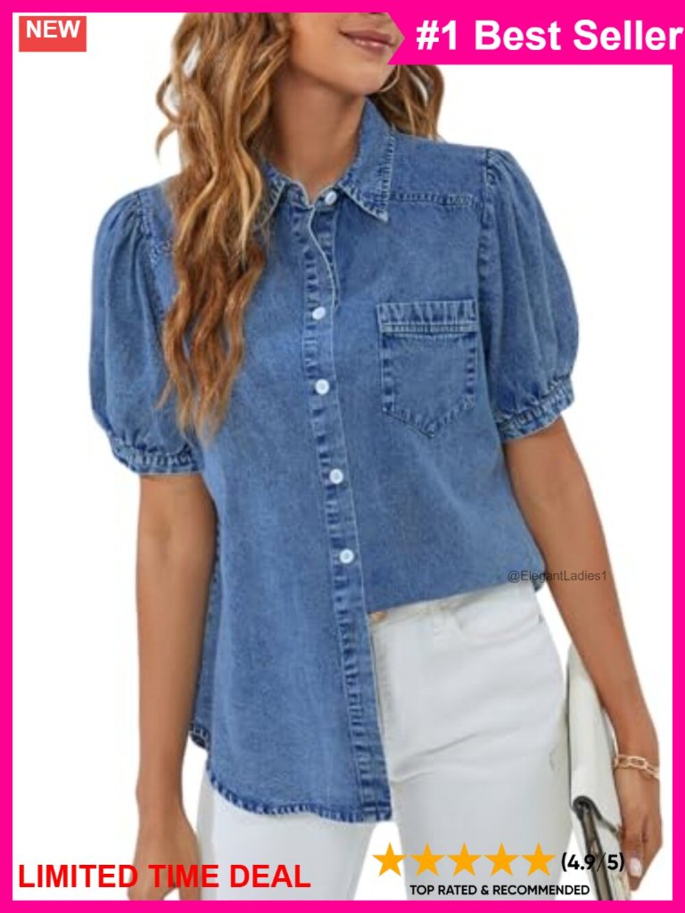 Denim Button Down Blouse Puff Sleeve Business Casual Work Top
